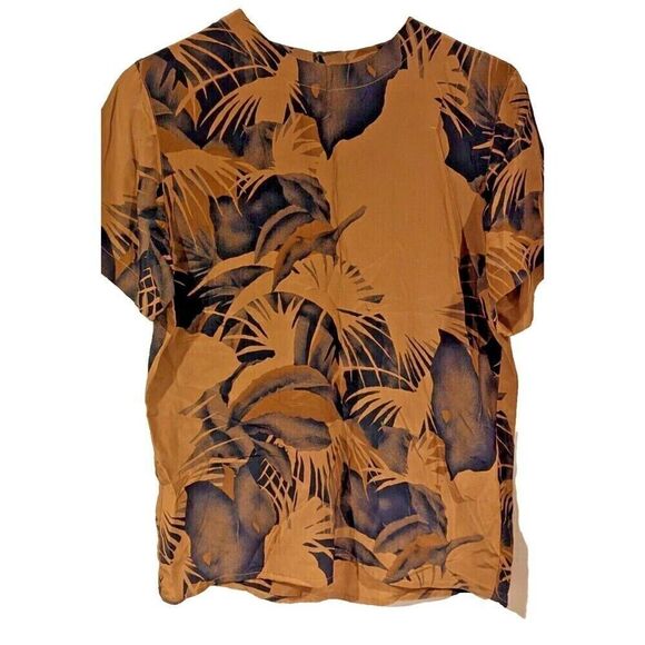 Vintage 90s Jones NY 100% silk blouse sz 4 (2) palm print Brown and Black Luxury - Picture 1 of 5
